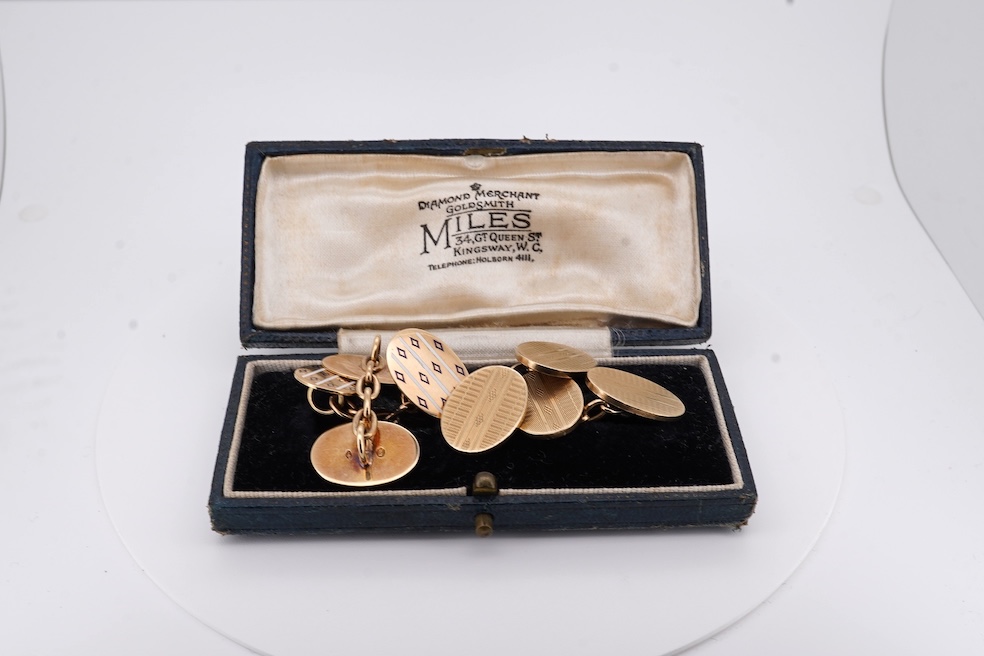 A pair of Elizabeth II 18ct gold oval cufflinks, engraved with lion's head crest, S.J. Rose & Son, Birmingham, 1973, 22 grams. Condition - fair
